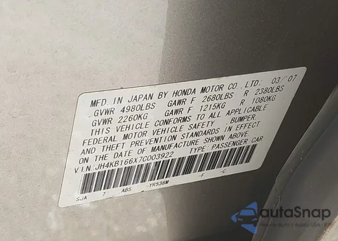 2007 Acura Rl 3.5 z USA, uszkodzony, nr VIN JH4KB166X7C003922